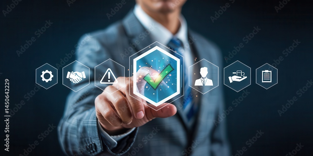 Businessperson interacting with digital approval interface. Businessperson interacting with digital approval interface.
