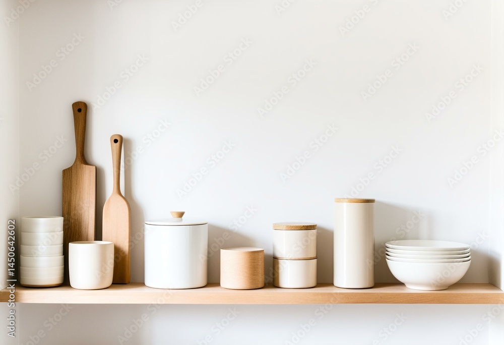 A kitchen shelf filled with dishes and utensils. A kitchen shelf filled with dishes and utensils.