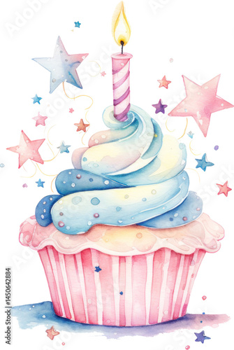 Birthday cupcake in watercolor with one candle and stars isolated on transparent background
