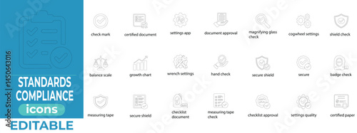 Premium editable standards compliance liner vector icons for certifications, safety, and quality, with clean minimalist design