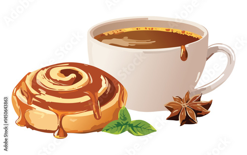 Cinnamon Roll with Hot Caramel Coffee - Vector Illustration