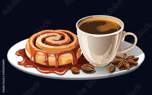 Cinnamon Roll with Hot Coffee - Vector illustration