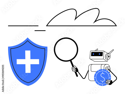 Robot holding magnifying glass and coin, inspecting financial security represented by shield. Ideal for fintech, cybersecurity, medical insurance, financial analysis, AI, data security, and risk