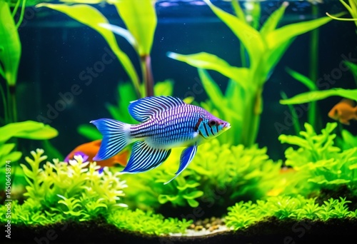 A fish swimming in an aquarium filled with plants.