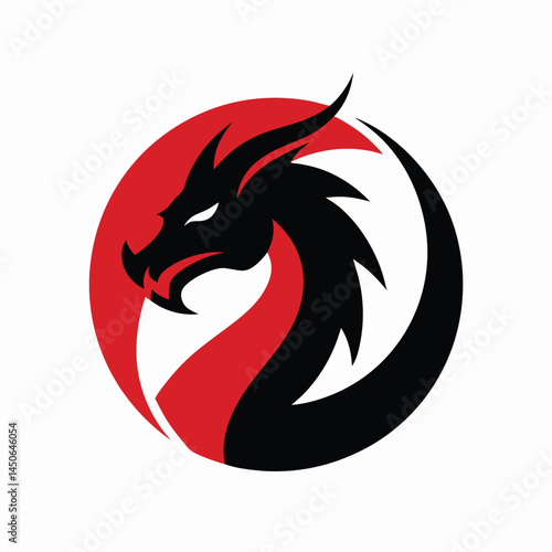Dragon logo, circular design, black and red color scheme, minimalist, silhouette, yin-yang inspired, fierce dragon head, sharp angles, striking contrast, iconic, vector graphic style, bold emblem,