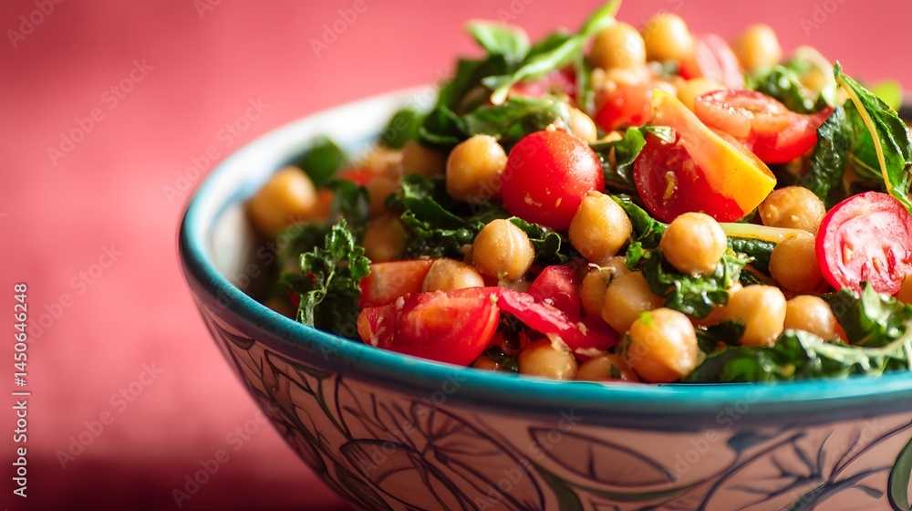 Fresh and vibrant bowl of chickpea salad with tomatoes and greens on a vibrant pink surface, a flavorful and wholesome dish. Fresh and vibrant bowl of chickpea salad with tomatoes and greens on a vibrant pink surface, a flavorful and wholesome dish.