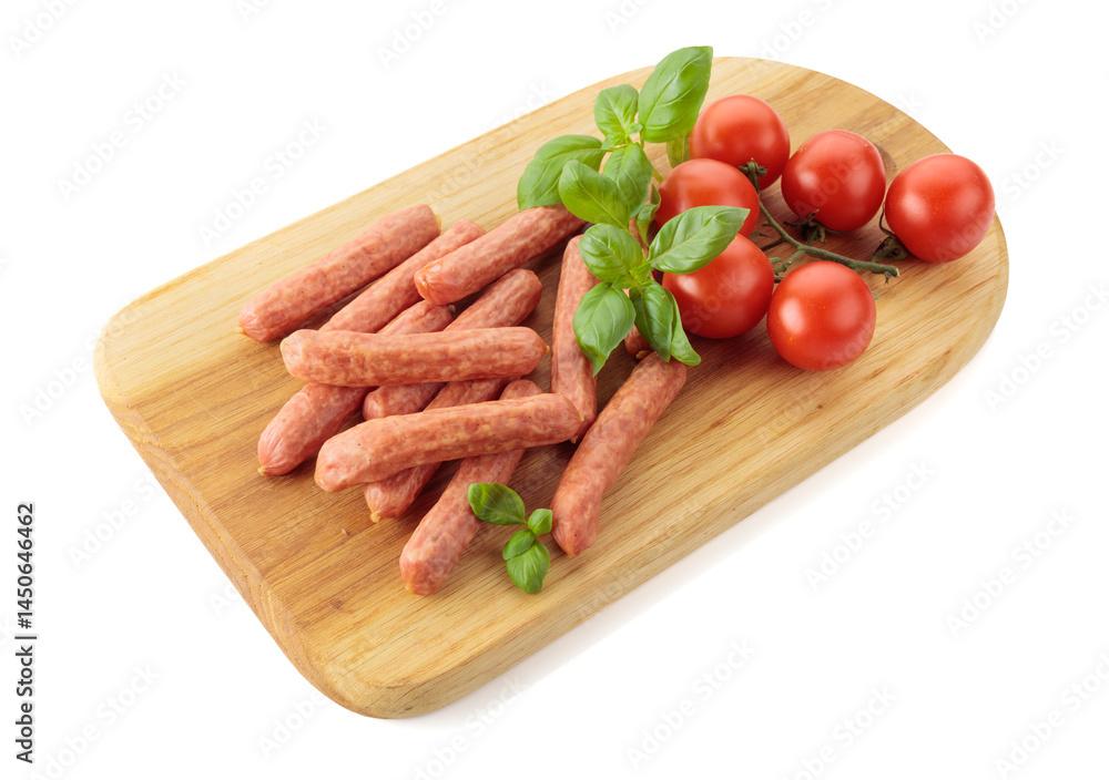 Sausages with basil and tomatoes isolated on a white background. Sausages with basil and tomatoes isolated on a white background.