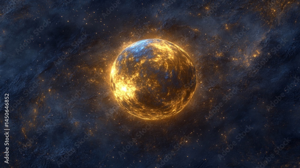 Fototapeta premium Glowing Gold Planet in a Dark Blue Cosmic Nebula