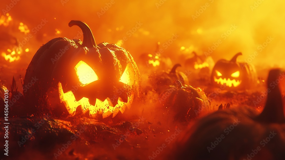 Fototapeta premium Creepy glowing pumpkins with carved faces on a vivid orange backdrop