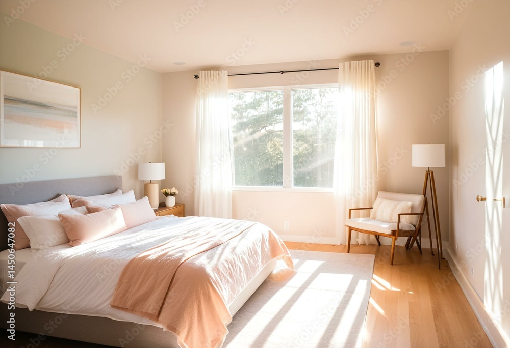 A bedroom with a large bed and a chair. A bedroom with a large bed and a chair.