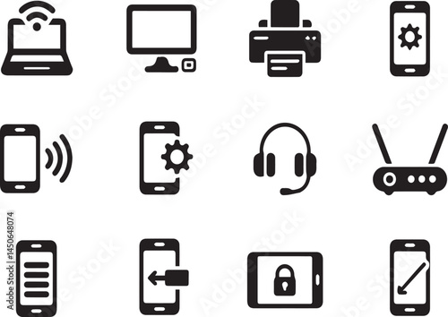 Collection of Technology and Communication Icons Including Laptop, Monitor, Printer, Smartphone, Headset, and Router