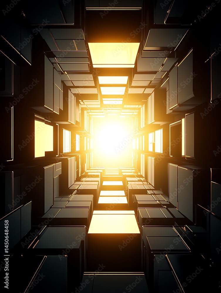Fototapeta premium Abstract image of a glowing tunnel formed by dark cubes, illuminated by a bright yellow light at the end, creating a sense of depth and mystery. The dark cubes have metallic reflections, adding to