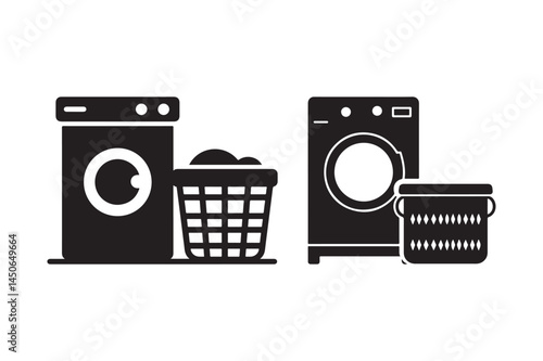 Laundry Icon Silhouette Washing Machine and Basket Vector for Cleaning and Housework Designs