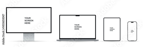 Realistic set of monitor, laptop, tablet, and smartphone. Modern digital devices collection. Vector illustration isolated on white background.