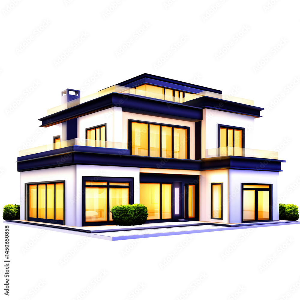 Modern luxury two story house with large and exterior lighting, contemporary architecture design with landscaped bushes and spacious outdoor area Modern luxury two story house with large and exterior lighting, contemporary architecture design with landscaped bushes and spacious outdoor area