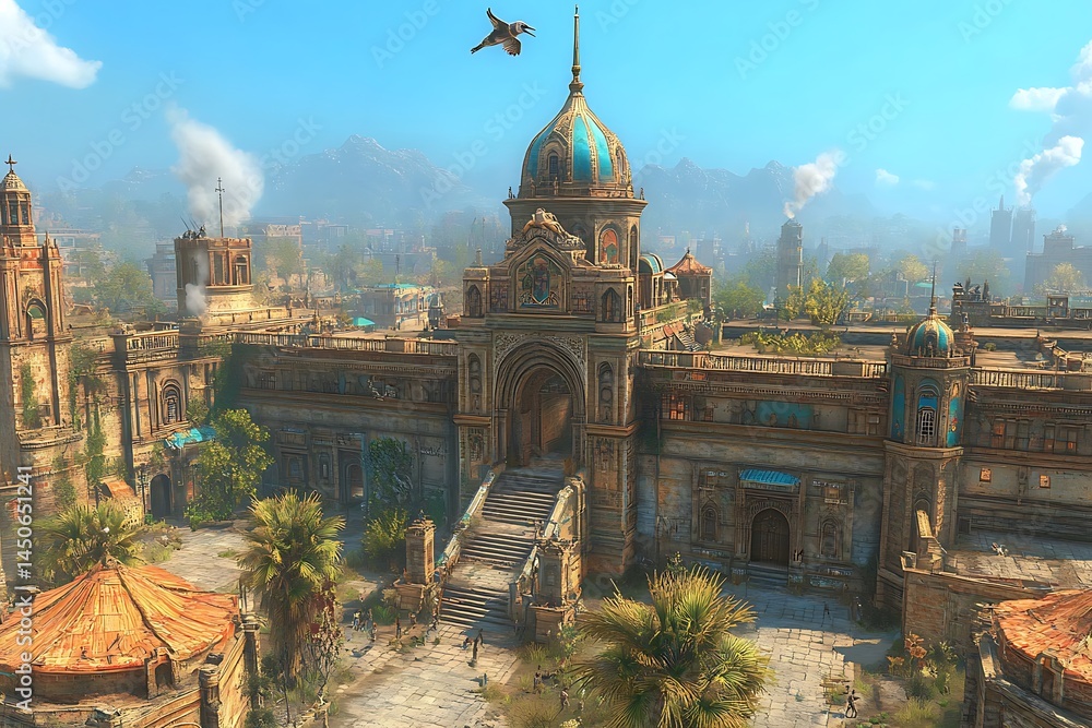 Obraz premium High angle view of a large, ornate building with a teal dome, situated in a desert like landscape. The architecture blends traditional styles with a touch of fantasy, and the scene is bathed in