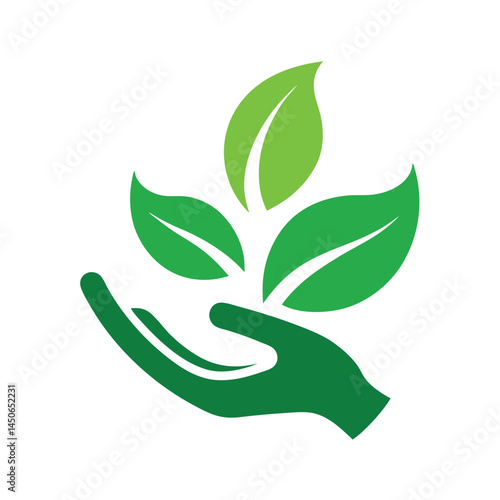 Green hand silhouette, three stylized leaves, eco-friendly symbol, environmental conservation icon, sustainable growth concept, minimalist design, flat illustration, bright green color, 