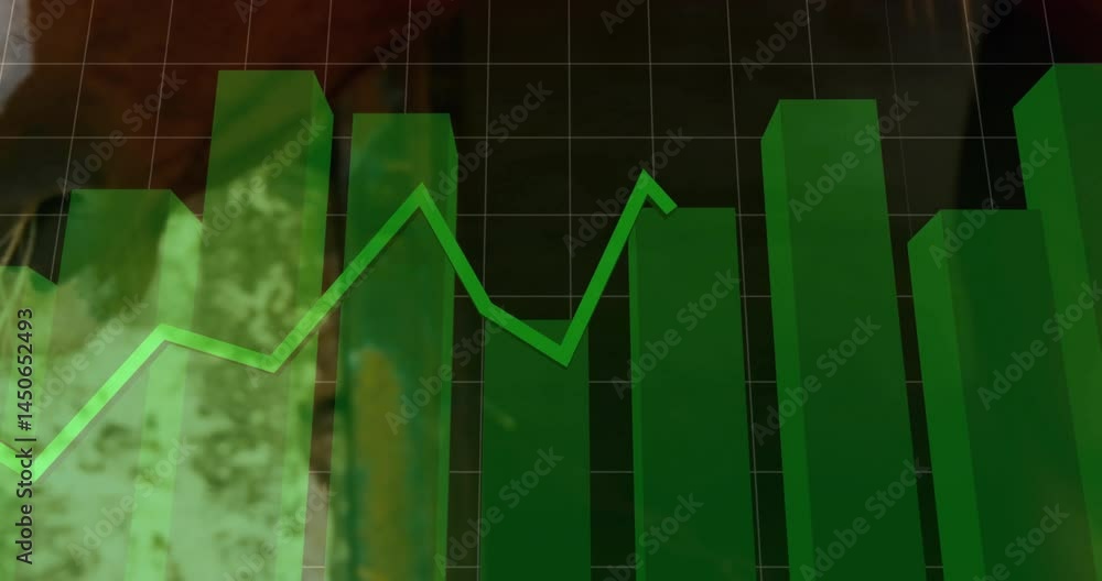 Interface showing translucent green 3D bar chart rising over dark grid, bright line tracing peaks Interface showing translucent green 3D bar chart rising over dark grid, bright line tracing peaks