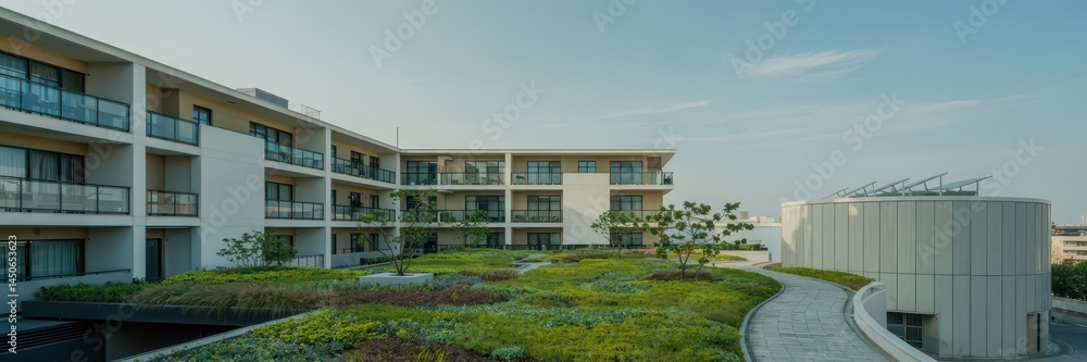 Modern apartment complex with landscaped courtyard and rooftop structures. Modern apartment complex with landscaped courtyard and rooftop structures.