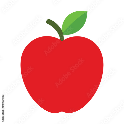 bright red apple, minimalist design, bold colors, green leaf, clean lines, graphic illustration, simple shape, iconic fruit symbol, flat vector style, vibrant contrast, smooth curves, crisp edges,