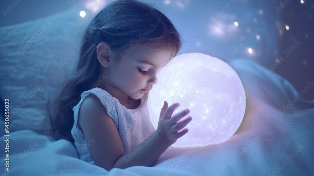 Naklejka premium A young girl gazes at a luminous celestial sphere in her bedroom.
