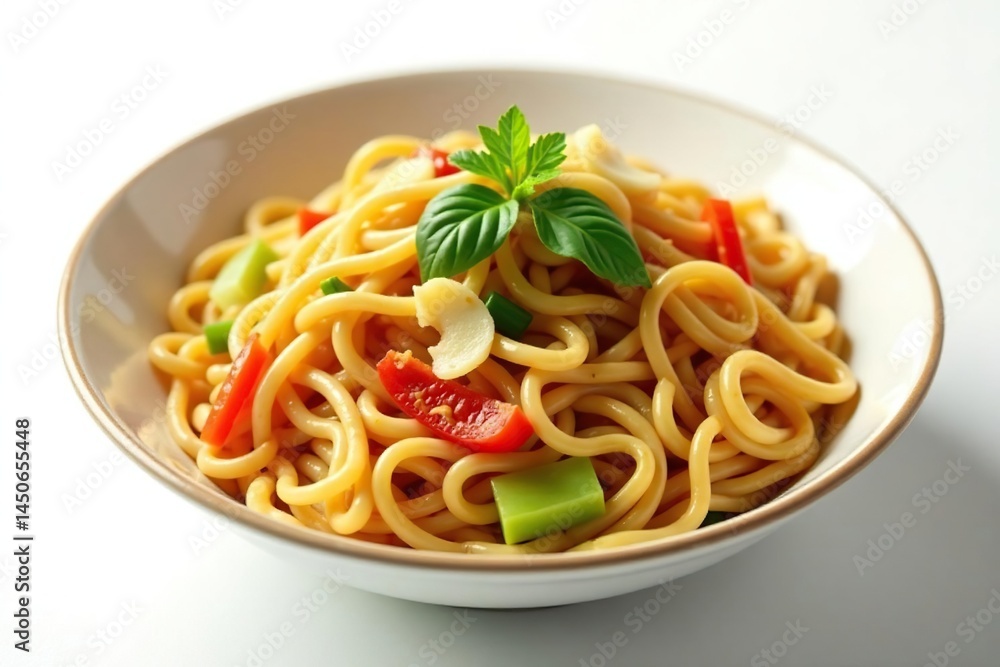 Stir-fried noodles with vegetables on white background, bright, visual Stir-fried noodles with vegetables on white background, bright, visual