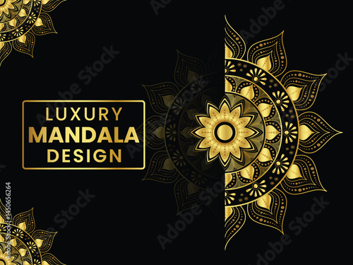 Luxury Golden Mandala Design on Black Background—Elegant Ornamental Floral Pattern for Premium Decor and Invitations. 