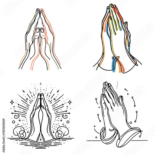 Praying hands illustrations in different styles and colors  