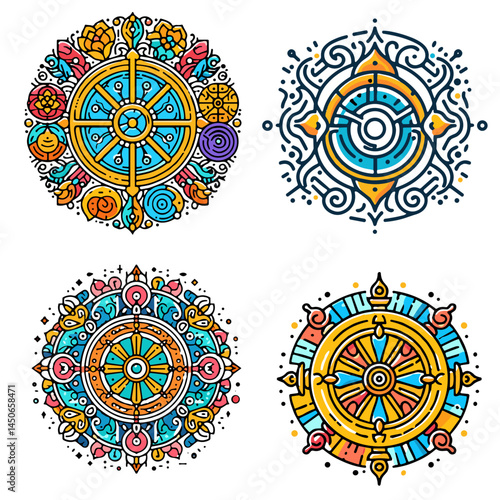 Dharma wheel. Colorful Mandala Patterns in Vibrant Style for Decoration  