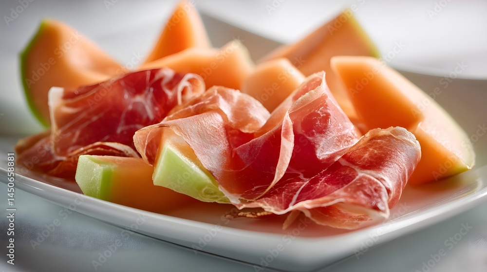 Close-up of a white plate featuring fresh melon and savory prosciutto slices. Close-up of a white plate featuring fresh melon and savory prosciutto slices.