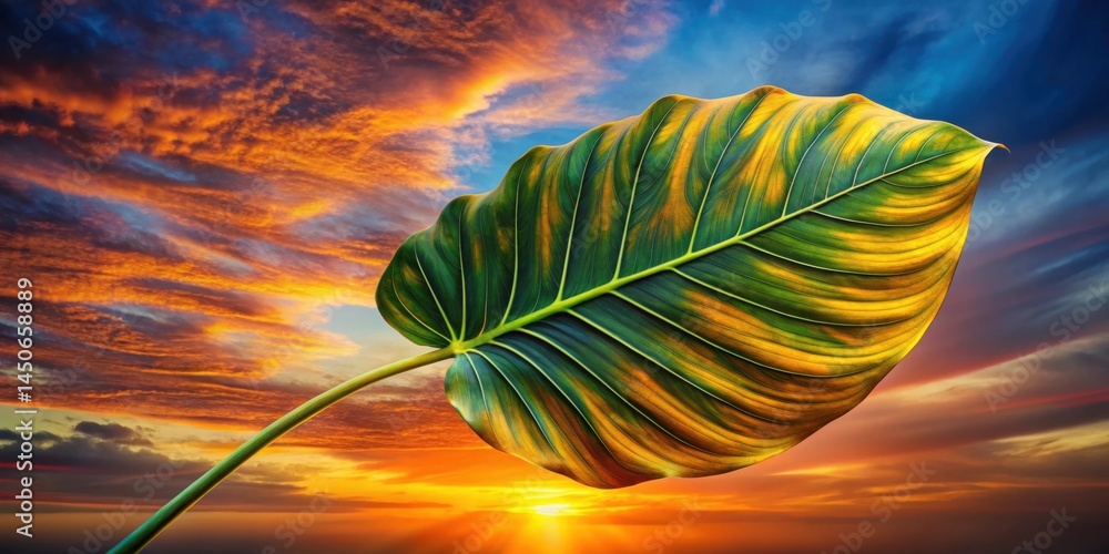 Fototapeta premium A Single Leaf Against a Vibrant Sunset Sky, Showcasing the Beauty of Nature's Simple Details
