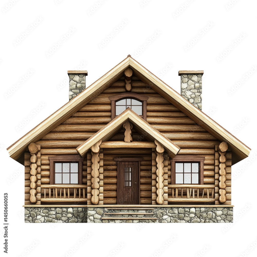 Cozy rustic log cabin house with stone foundation and chimney, wooden porch, detailed architecture, traditional design, architectural visualization Cozy rustic log cabin house with stone foundation and chimney, wooden porch, detailed architecture, traditional design, architectural visualization