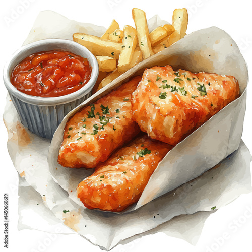 Fish And Chips Wrapped In Paper, vector watercolor illustration, isolated on a white background.