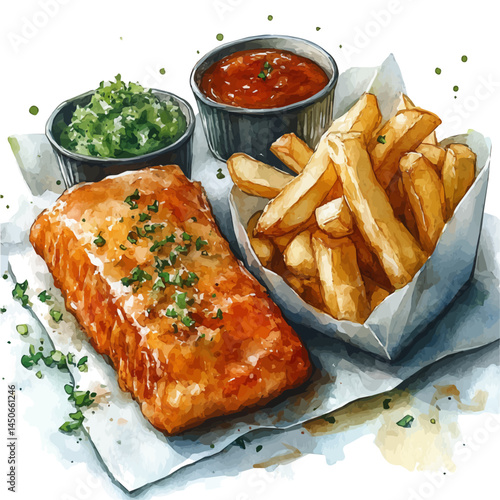 watercolor of Fish And Chips Wrapped In Paper, vector, isolated on a white background.