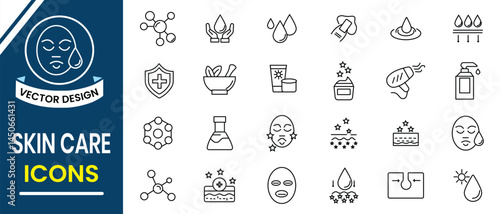 Skin care icons, vector set. Sunscreen, Moisture cream, acid, anti wrinkle serum, ceramide, collagen, retinol compound line icon, vector set. Vector illustration.