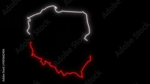 Poland outline map  with neon flag colors 4k animation