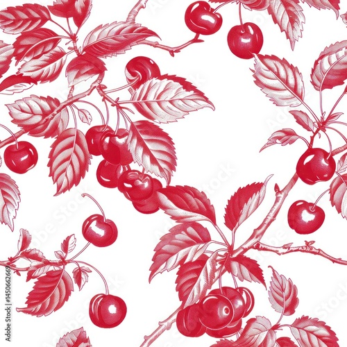 Red toile de jouy cherry tile as seamless repeating pattern 1
