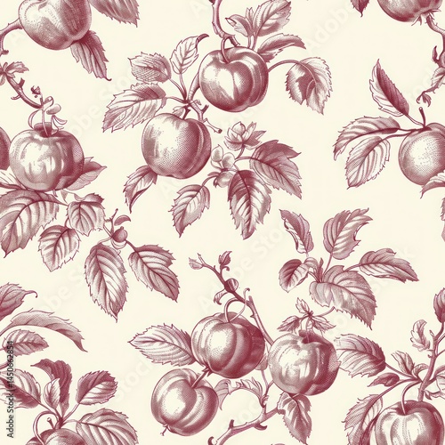 Toile de jouy apple illustration in red on beige background as seamless repeating pattern