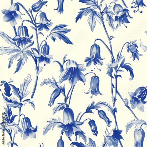 Toile de jouy style wild flower tile seamless repeating pattern as blue illustration on white background 3