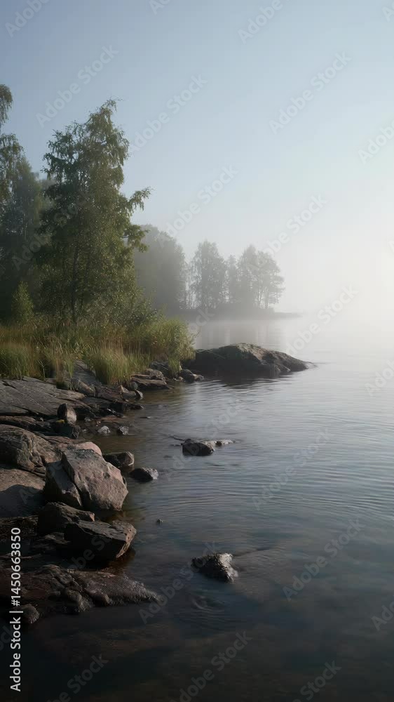 Peaceful foggy morning at the lake with rocks, trees and grass along the shore creating a tranquil scenery of nature in summer. Peaceful foggy morning at the lake with rocks, trees and grass along the shore creating a tranquil scenery of nature in summer.