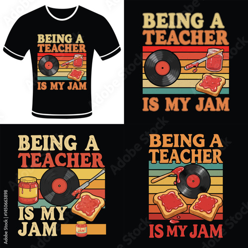Retro "Being a Teacher Is My Jam" Bundle Design with Vinyl Records, Jam, and Toast – Fun Teacher T-shirt