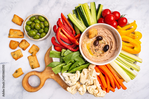 Various hummus dips. Hummus plate with vegetable snacks. Carrot, cucumber, tomato, celery sticks, dry crackers and olive, top view. Vegan and traditional hummus as healthy and vegan snack.