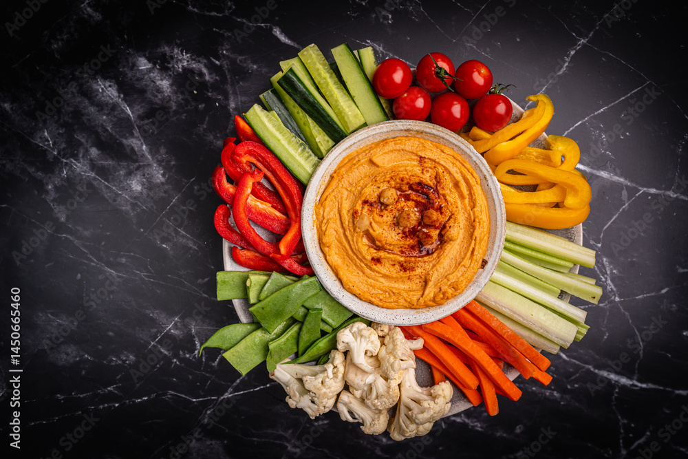 Various hummus dips. Hummus plate with vegetable snacks. Carrot, cucumber, tomato, celery sticks, dry crackers and olive, top view. Vegan and traditional hummus as healthy and vegan snack.