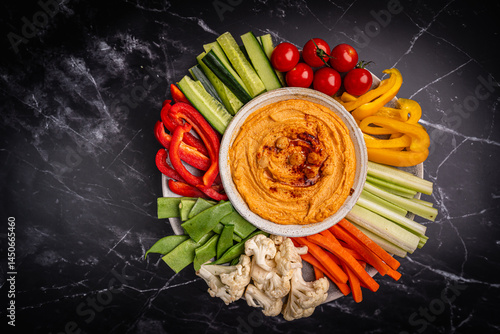 Obraz na płótnie Various hummus dips. Hummus plate with vegetable snacks. Carrot, cucumber, tomato, celery sticks, dry crackers and olive, top view. Vegan and traditional hummus as healthy and vegan snack. w salonie