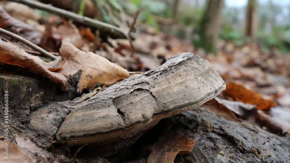 Close up of dryad's saddle fungi growing on a decaying log among fallen leaves on the forest floor during autumn. Close up of dryad's saddle fungi growing on a decaying log among fallen leaves on the forest floor during autumn.