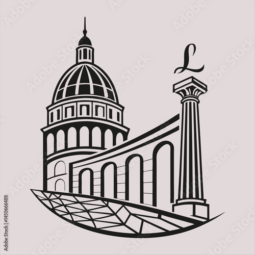 Elegant Line Art of Historic Mosque with Street Lamp.