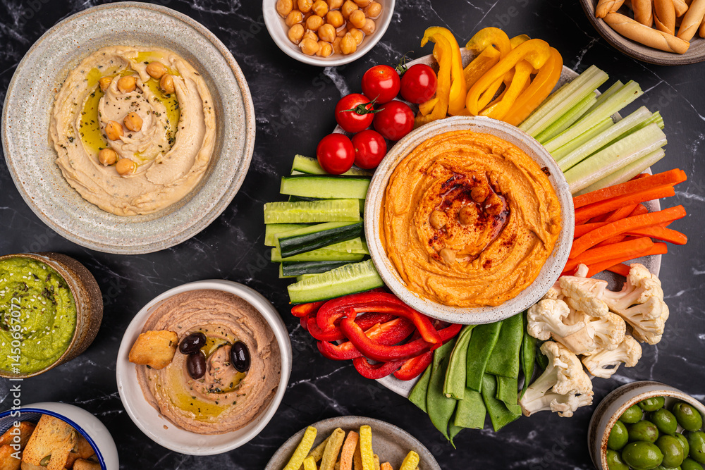Various hummus dips. Hummus plate with vegetable snacks. Carrot, cucumber, tomato, celery sticks, dry crackers and olive, top view. Vegan and traditional hummus as healthy and vegan snack.