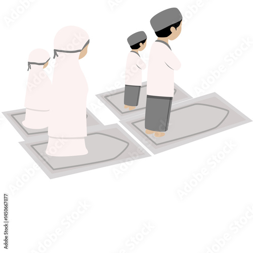 Muslim Family Praying Together: Isometric Illustration