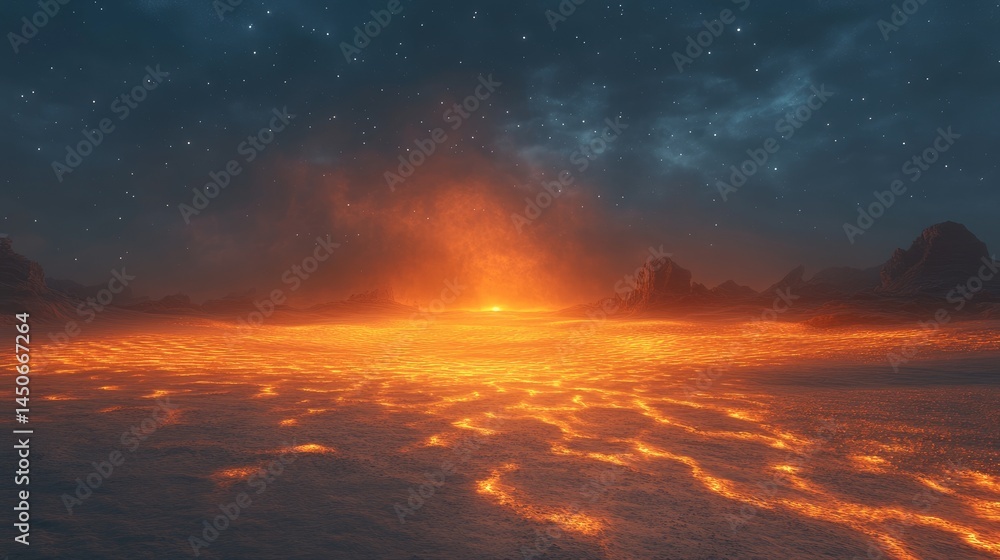 Naklejka premium Vast, fiery expanse of a celestial lava field at night.
