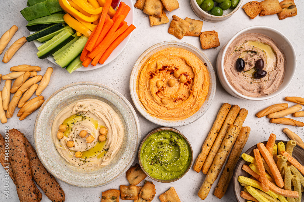 Various hummus dips. Hummus plate with vegetable snacks. Carrot, cucumber, tomato, celery sticks, dry crackers and olive, top view. Vegan and traditional hummus as healthy and vegan snack.